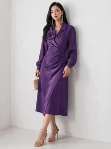 Heiryn 3D Floral V-Neck Long Sleeve Dress For Women - Purple - View 2
