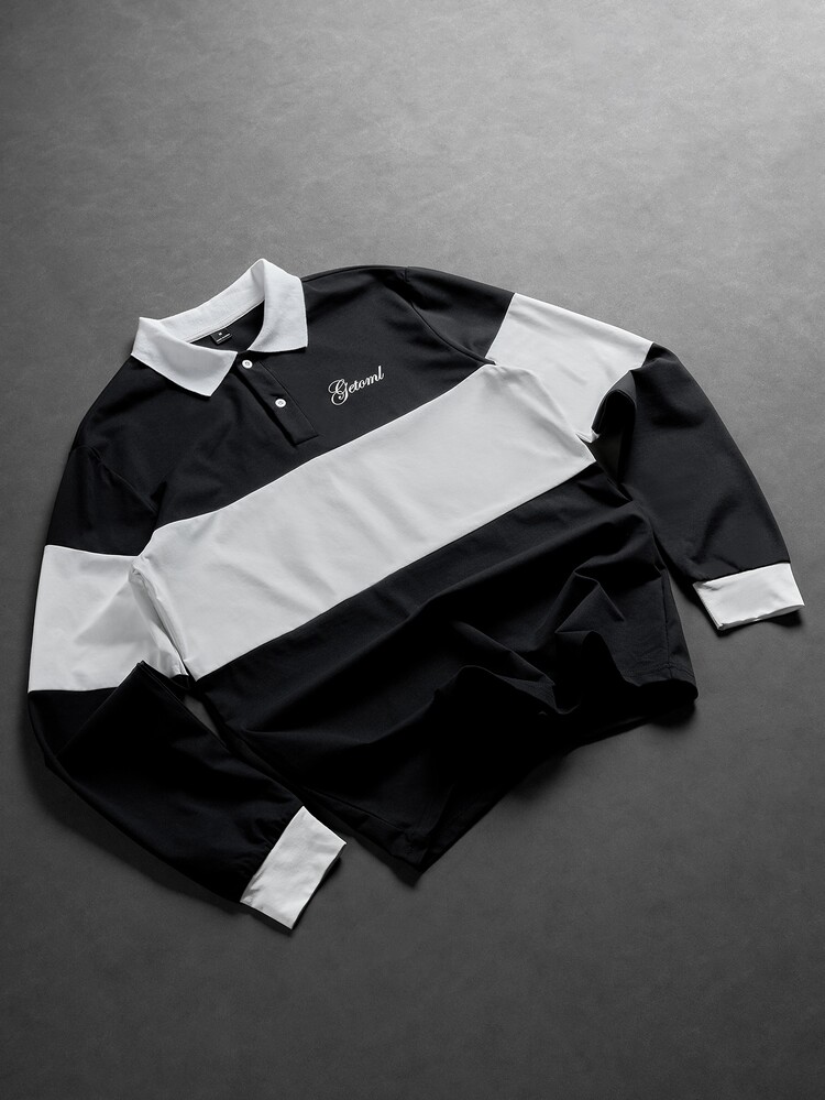 GETOML Men's Knit Letter Print Long Sleeve Casual Polo Shirt Halloween Christmas Winter Party Autumn - Black and White - View 4
