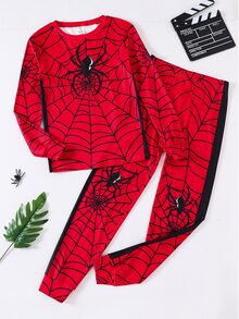 SHEIN 青少年男孩 2件組 紅色蜘蛛圖案 休閒簡約 修身舒適 加厚長袖圓領褲子家居服 適合秋冬、開學季、睡衣派對、拍照、假期 - 彩色 - 查看 3