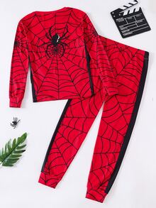 SHEIN 青少年男孩 2件組 紅色蜘蛛圖案 休閒簡約 修身舒適 加厚長袖圓領褲子家居服 適合秋冬、開學季、睡衣派對、拍照、假期 - 彩色 - 查看 2