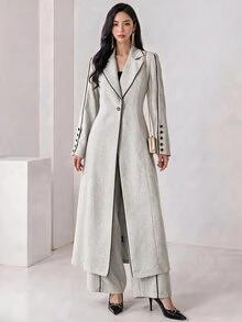 Heiryn Women's Contrast Color Piping Front Button Casual Arab Long Sleeves Abaya Robe Set With Pant, Elegant For Daily/Work Formal Office Dinner Clothes - Light Grey - View 5