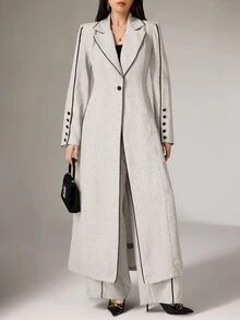 Heiryn Women's Contrast Color Piping Front Button Casual Arab Long Sleeves Abaya Robe Set With Pant, Elegant For Daily/Work Formal Office Dinner Clothes - Light Grey - View 10