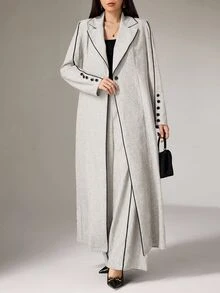Heiryn Women's Contrast Color Piping Front Button Casual Arab Long Sleeves Abaya Robe Set With Pant, Elegant For Daily/Work Formal Office Dinner Clothes - Light Grey - View 11