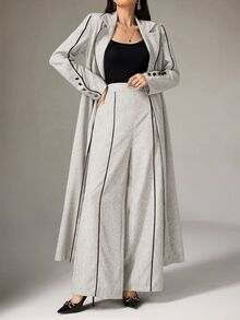 Heiryn Women's Contrast Color Piping Front Button Casual Arab Long Sleeves Abaya Robe Set With Pant, Elegant For Daily/Work Formal Office Dinner Clothes - Light Grey - View 12