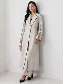 Heiryn Women's Contrast Color Piping Front Button Casual Arab Long Sleeves Abaya Robe Set With Pant, Elegant For Daily/Work Formal Office Dinner Clothes - Light Grey - View 2