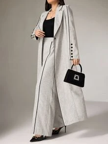 Heiryn Women's Contrast Color Piping Front Button Casual Arab Long Sleeves Abaya Robe Set With Pant, Elegant For Daily/Work Formal Office Dinner Clothes - Light Grey - View 7
