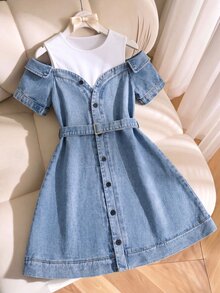 SHEIN Tween Girl Color Block Off Shoulder Homecoming Dress Fall Dress Dresses For Girls - White - View 3