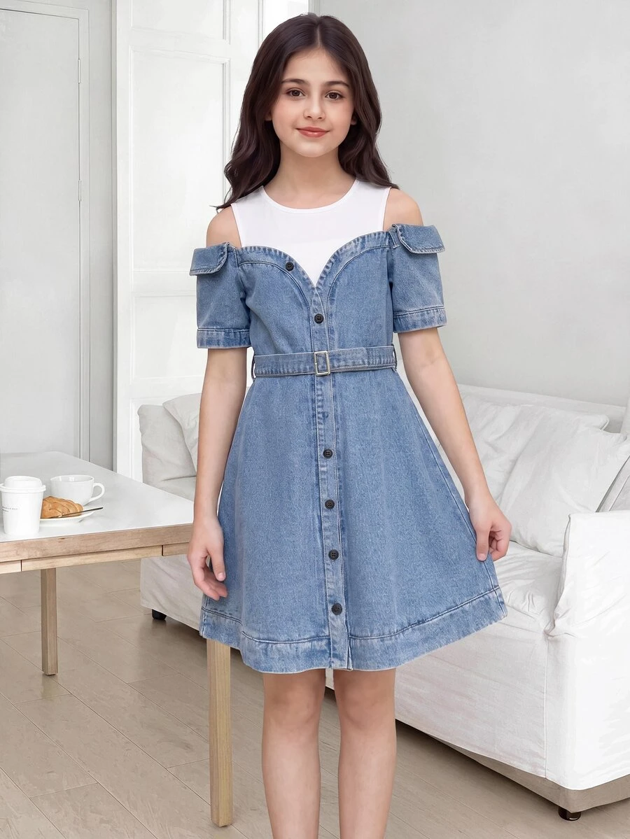 SHEIN Tween Girl Color Block Off Shoulder Homecoming Dress Fall Dress Dresses For Girls