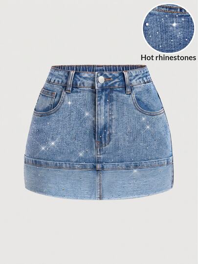 SHEIN Girlism Teen Girls Sparkling Rhinestone Blue Denim Rolled Hem Fitted Mini Skirt Western Cowgirl Sequin Skirt