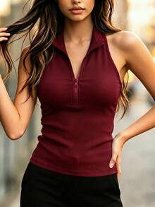 SHEIN Slim Fit With A Sharp Cool Vibe, Half-Zip Stand Collar Design Combining Personalized And Practicality, Halter Neck Cut Enhancing Shoulder And Neckline, Slim Fit Fabric Outlining Body Curves, Suitable For Various Styling Scenarios, Effortlessly Creating A Chic And Bold Look - Burgundy - View 4