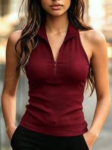 SHEIN Slim Fit With A Sharp Cool Vibe, Half-Zip Stand Collar Design Combining Personalized And Practicality, Halter Neck Cut Enhancing Shoulder And Neckline, Slim Fit Fabric Outlining Body Curves, Suitable For Various Styling Scenarios, Effortlessly Creating A Chic And Bold Look - Burgundy - View 1