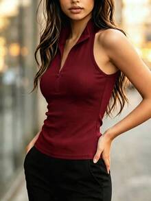 SHEIN Slim Fit With A Sharp Cool Vibe, Half-Zip Stand Collar Design Combining Personalized And Practicality, Halter Neck Cut Enhancing Shoulder And Neckline, Slim Fit Fabric Outlining Body Curves, Suitable For Various Styling Scenarios, Effortlessly Creating A Chic And Bold Look - Burgundy - View 8