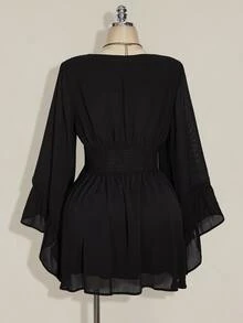 SHEIN ICON Plus Size Women's V-Neck Ruched Waist A-Line Flare Sleeve Dress, Boho Hippie Y2K, Vacation, Music Festival, Graduation, Flowy, Summer Fall - Black - View 9