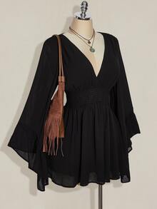SHEIN ICON Plus Size Women's V-Neck Ruched Waist A-Line Flare Sleeve Dress, Boho Hippie Y2K, Vacation, Music Festival, Graduation, Flowy, Summer Fall - Black - View 6