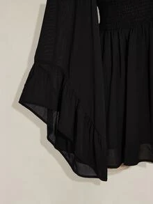 SHEIN ICON Plus Size Women's V-Neck Ruched Waist A-Line Flare Sleeve Dress, Boho Hippie Y2K, Vacation, Music Festival, Graduation, Flowy, Summer Fall - Black - View 7