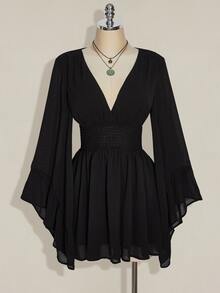 SHEIN ICON Plus Size Women's V-Neck Ruched Waist A-Line Flare Sleeve Dress, Boho Hippie Y2K, Vacation, Music Festival, Graduation, Flowy, Summer Fall - Black - View 4