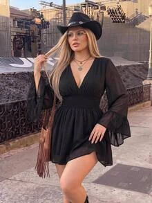 SHEIN ICON Plus Size Women's V-Neck Ruched Waist A-Line Flare Sleeve Dress, Boho Hippie Y2K, Vacation, Music Festival, Graduation, Flowy, Summer Fall - Black - View 3