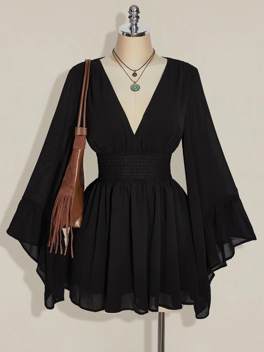 SHEIN ICON Plus Size Women's V-Neck Ruched Waist A-Line Flare Sleeve Dress, Boho Hippie Y2K, Vacation, Music Festival, Graduation, Flowy, Summer Fall