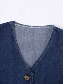 SHEIN Tween Girls Spring Summer Casual Denim Vest Top And High Waist Wide Leg Jeans 2 Piece Set Vintage Button Up V Neck Preppy Modern Matching Clothing - Dark Wash - View 9