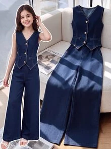 SHEIN Tween Girls Spring Summer Casual Denim Vest Top And High Waist Wide Leg Jeans 2 Piece Set Vintage Button Up V Neck Preppy Modern Matching Clothing - Dark Wash - View 1