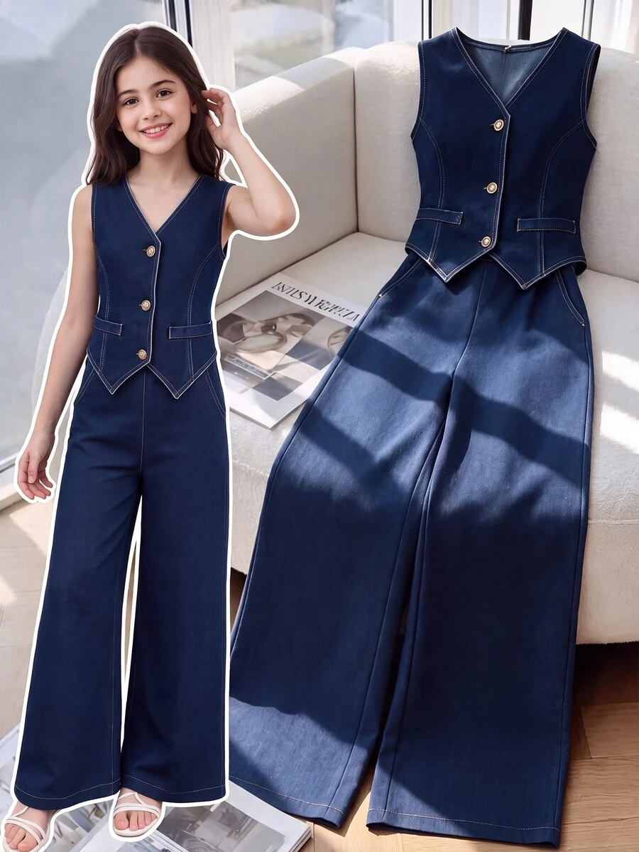 SHEIN Tween Girls Spring Summer Casual Denim Vest Top And High Waist Wide Leg Jeans 2 Piece Set Vintage Button Up V Neck Preppy Modern Matching Clothing - Dark Wash - View 1