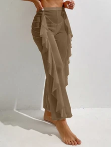 SHEIN Swim 夏季女士纯色半透明简约时尚休闲罩衫，日常穿着 - 棕色 - 查看 4