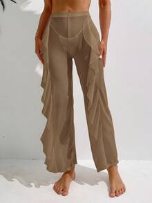 SHEIN Swim 夏季女士纯色半透明简约时尚休闲罩衫，日常穿着 - 棕色 - 查看 1