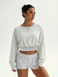 Slayform Retro Casual Sports Gray Boat Neck Raglan Sleeve Short Sweatshirt, Sexy Kink Backless Long-Sleeved Yoga Jogging Suit, Autumn Outdoor Top, Sportswear - Grey - View 6