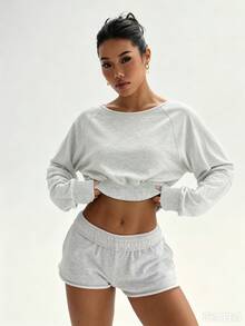 Slayform Retro Casual Sports Gray Boat Neck Raglan Sleeve Short Sweatshirt, Sexy Kink Backless Long-Sleeved Yoga Jogging Suit, Autumn Outdoor Top, Sportswear - Grey - View 7