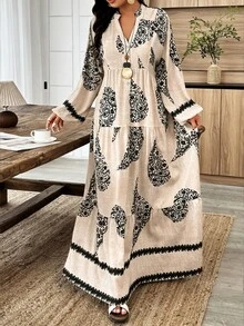 Weeklong Apricot Plus-Size Maxi Dress - Blue Paisley Bohemian Print, Long-Sleeve Multi-Layer Paneled, Women's Spring & Summer Dress Fall/Winter - Multicolor - View 5