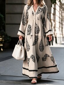 Weeklong Apricot Plus-Size Maxi Dress - Blue Paisley Bohemian Print, Long-Sleeve Multi-Layer Paneled, Women's Spring & Summer Dress Fall/Winter - Multicolor - View 3