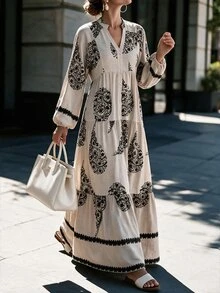 Weeklong Apricot Plus-Size Maxi Dress - Blue Paisley Bohemian Print, Long-Sleeve Multi-Layer Paneled, Women's Spring & Summer Dress Fall/Winter - Multicolor - View 4
