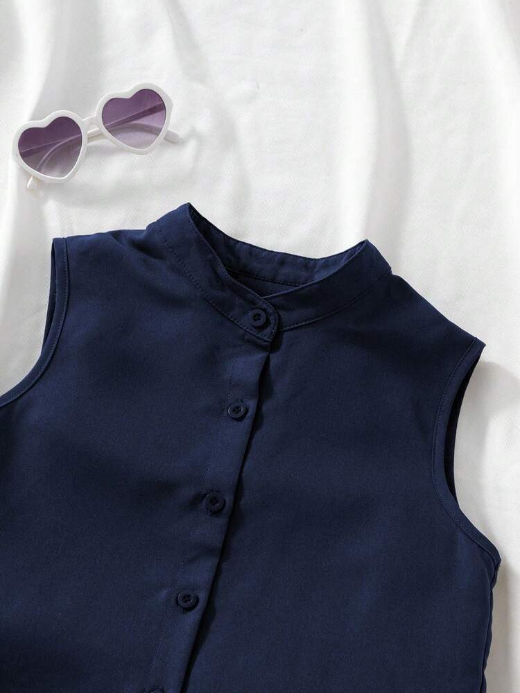 Tween Girl 2pcs/Set Summer Clothes Set Halloween Christmas Solid Color Career School Navy Blue, Holiday Outfits - Navy Blue - View 5