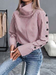SHEIN PariChic 秋冬優雅女款紅色襯衫，條紋襯衫，鈕扣開襟，正式商務，派對婚禮，生日，鄉村風，萬聖節，節慶，外出，畢業 - 紅色 - 查看 3