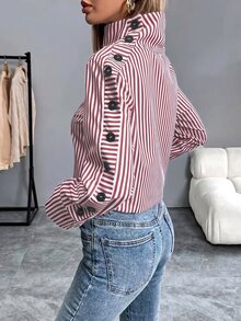 SHEIN PariChic 秋冬優雅女款紅色襯衫，條紋襯衫，鈕扣開襟，正式商務，派對婚禮，生日，鄉村風，萬聖節，節慶，外出，畢業 - 紅色 - 查看 2