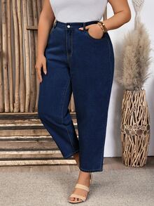 EMERY ROSE Plus Size Casual Versatile Straight Leg Denim Jeans With Pockets - Dark Wash - View 1
