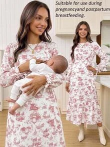 SHEIN 孕婦花卉印花哺乳休閒A字優雅正式嬰兒洗禮客賓哺乳夏季秋季白色洋裝 - 粉色 - 查看 1