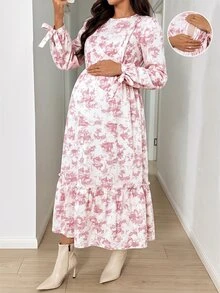 SHEIN 孕婦花卉印花哺乳休閒A字優雅正式嬰兒洗禮客賓哺乳夏季秋季白色洋裝 - 粉色 - 查看 5
