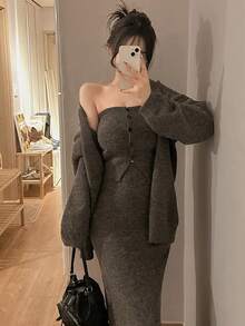 DAZY Women's Long Sleeve Korean Style Sweater 2 Pieces Set Fall - Grey - View 1
