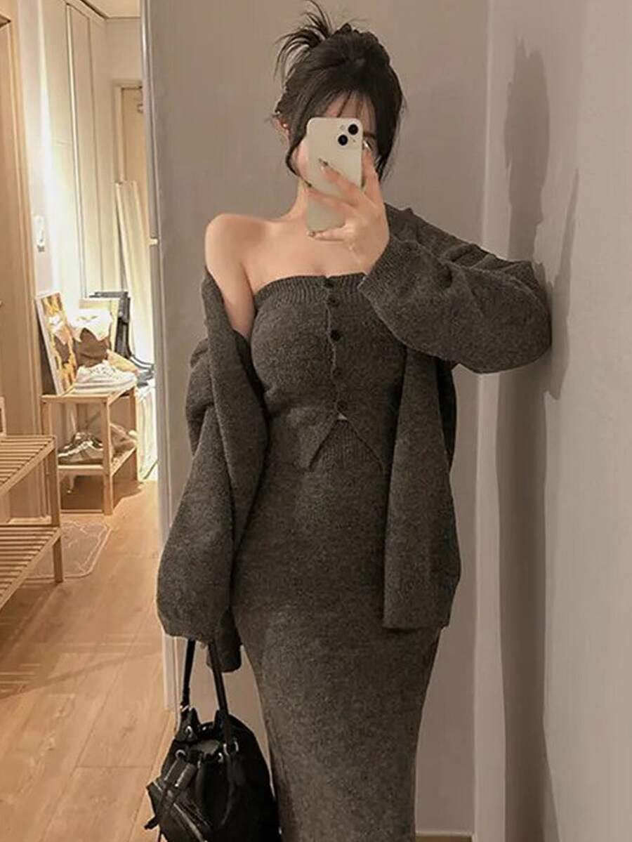 DAZY Women's Long Sleeve Korean Style Sweater 2 Pieces Set Fall - Grey - View 1
