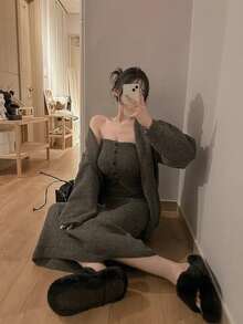 DAZY Women's Long Sleeve Korean Style Sweater 2 Pieces Set Fall - Grey - View 3