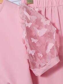 SHEIN Tween Girls 2pcs/Set Dusty Pink Mesh Embroidered Butterfly Puff Sleeve Blouse,Bow Decor & Straight Leg Pants,Summer Casual Country Y2K Concert Outfit - Pink - View 8