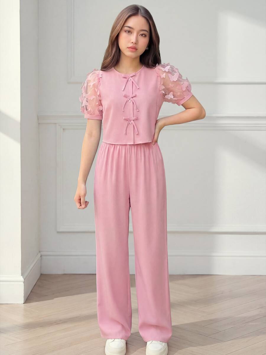 SHEIN Tween Girls 2pcs/Set Dusty Pink Mesh Embroidered Butterfly Puff Sleeve Blouse,Bow Decor & Straight Leg Pants,Summer Casual Country Y2K Concert Outfit