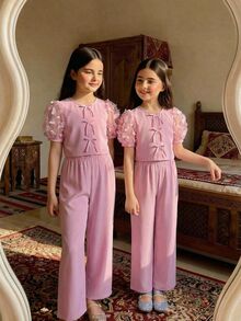 SHEIN Tween Girls 2pcs/Set Dusty Pink Mesh Embroidered Butterfly Puff Sleeve Blouse,Bow Decor & Straight Leg Pants,Summer Casual Country Y2K Concert Outfit - Pink - View 4