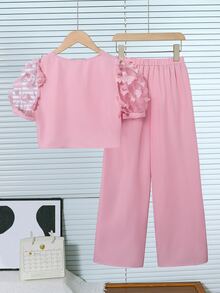 SHEIN Tween Girls 2pcs/Set Dusty Pink Mesh Embroidered Butterfly Puff Sleeve Blouse,Bow Decor & Straight Leg Pants,Summer Casual Country Y2K Concert Outfit - Pink - View 5