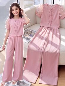 SHEIN Tween Girls 2pcs/Set Dusty Pink Mesh Embroidered Butterfly Puff Sleeve Blouse,Bow Decor & Straight Leg Pants,Summer Casual Country Y2K Concert Outfit - Pink - View 3