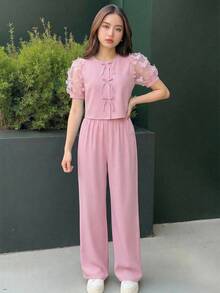 SHEIN Tween Girls 2pcs/Set Dusty Pink Mesh Embroidered Butterfly Puff Sleeve Blouse,Bow Decor & Straight Leg Pants,Summer Casual Country Y2K Concert Outfit - Pink - View 6