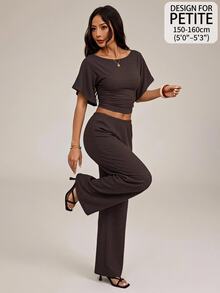 SHEIN PETITE Women's Solid Color Boat Neck Batwing Short Sleeve Cropped Top And Long Pants Casual 2 Pieces Set Everyday Lounge Dark Brown,Summer/Fall,Petite - Brown - View 1