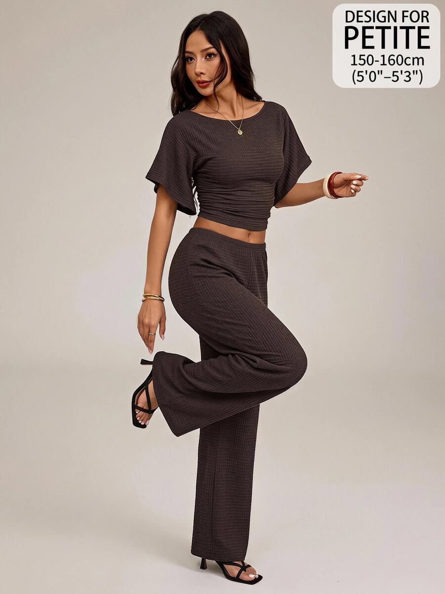 SHEIN PETITE Women's Solid Color Boat Neck Batwing Short Sleeve Cropped Top And Long Pants Casual 2 Pieces Set Everyday Lounge Dark Brown,Summer/Fall,Petite - Brown - View 1