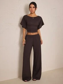 SHEIN PETITE Women's Solid Color Boat Neck Batwing Short Sleeve Cropped Top And Long Pants Casual 2 Pieces Set Everyday Lounge Dark Brown,Summer/Fall,Petite - Brown - View 6